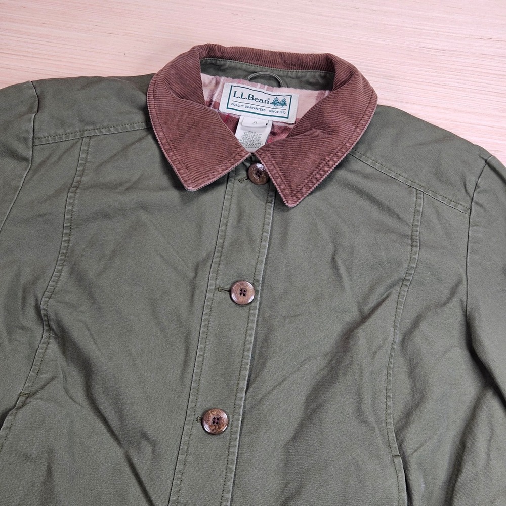 LL Bean Adirondack Barn Coat Women XL Green Flannel Lined Corduroy Trim Jacket